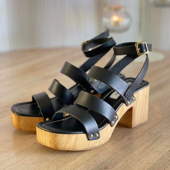 Steve Madden Black Leather Wood Block Heel Strappy Platform Heels Sandals Size 8 - Picture 1 of 8